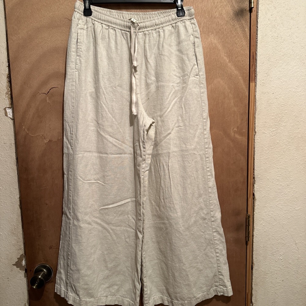 Max Studio Beige Linen Blend Barrel Leg Elastic Waist Pants Womens Medium Boho